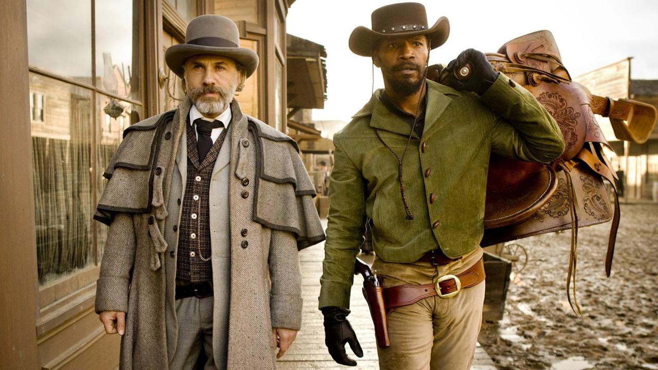 Dr. King Schultz (Christoph Waltz) and Django (Jamie Foxx) hit the road in Django Unchained (2012)